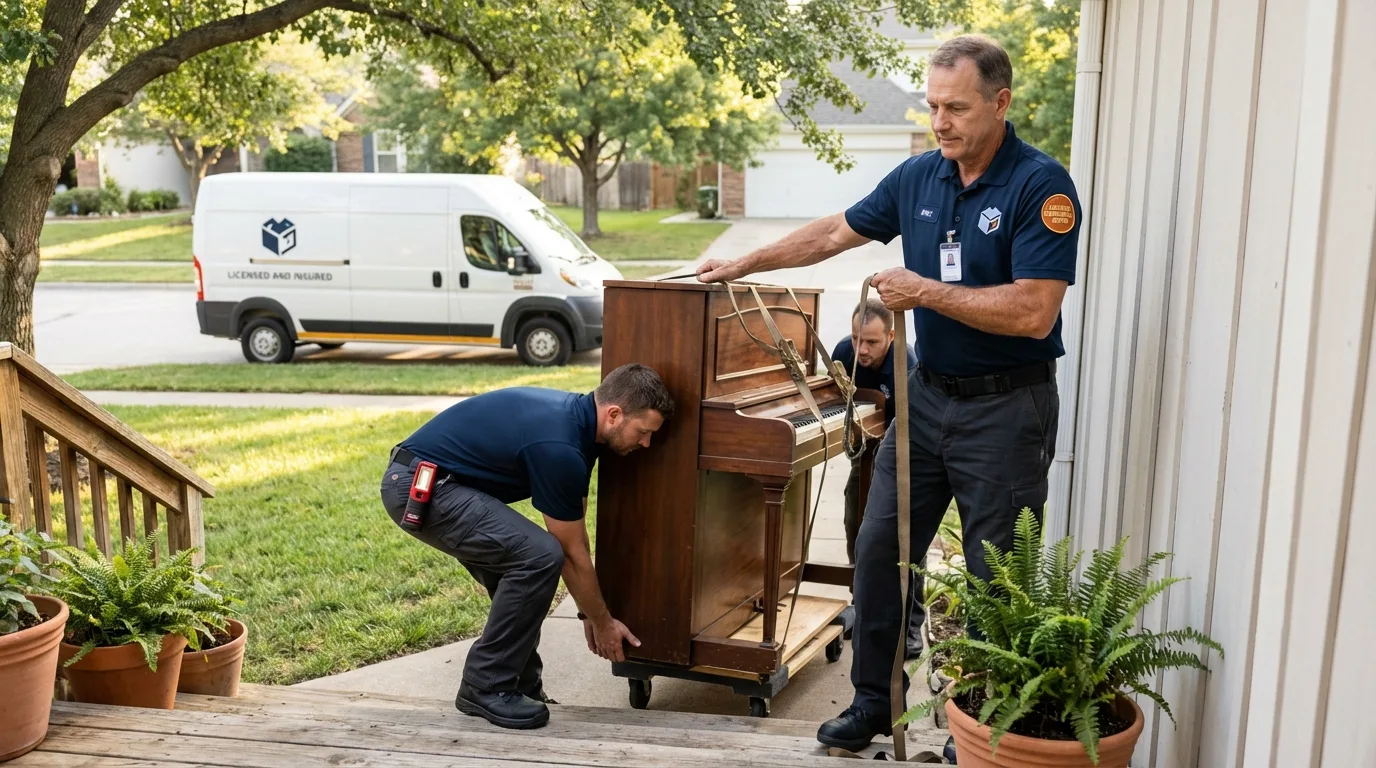 Licensed piano movers securing grand piano in Carol Stream, IL