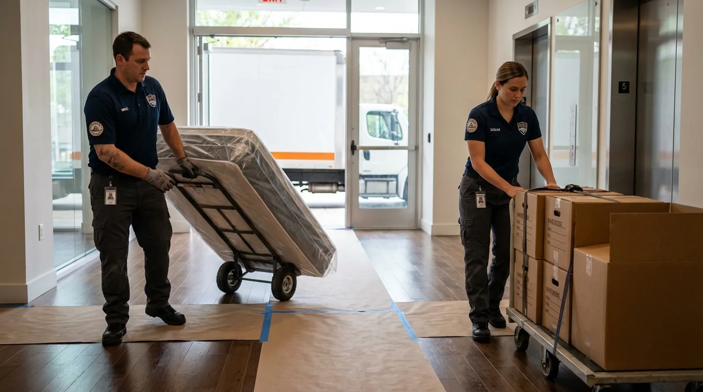 Professional apartment movers loading elevator in Carol Stream, IL